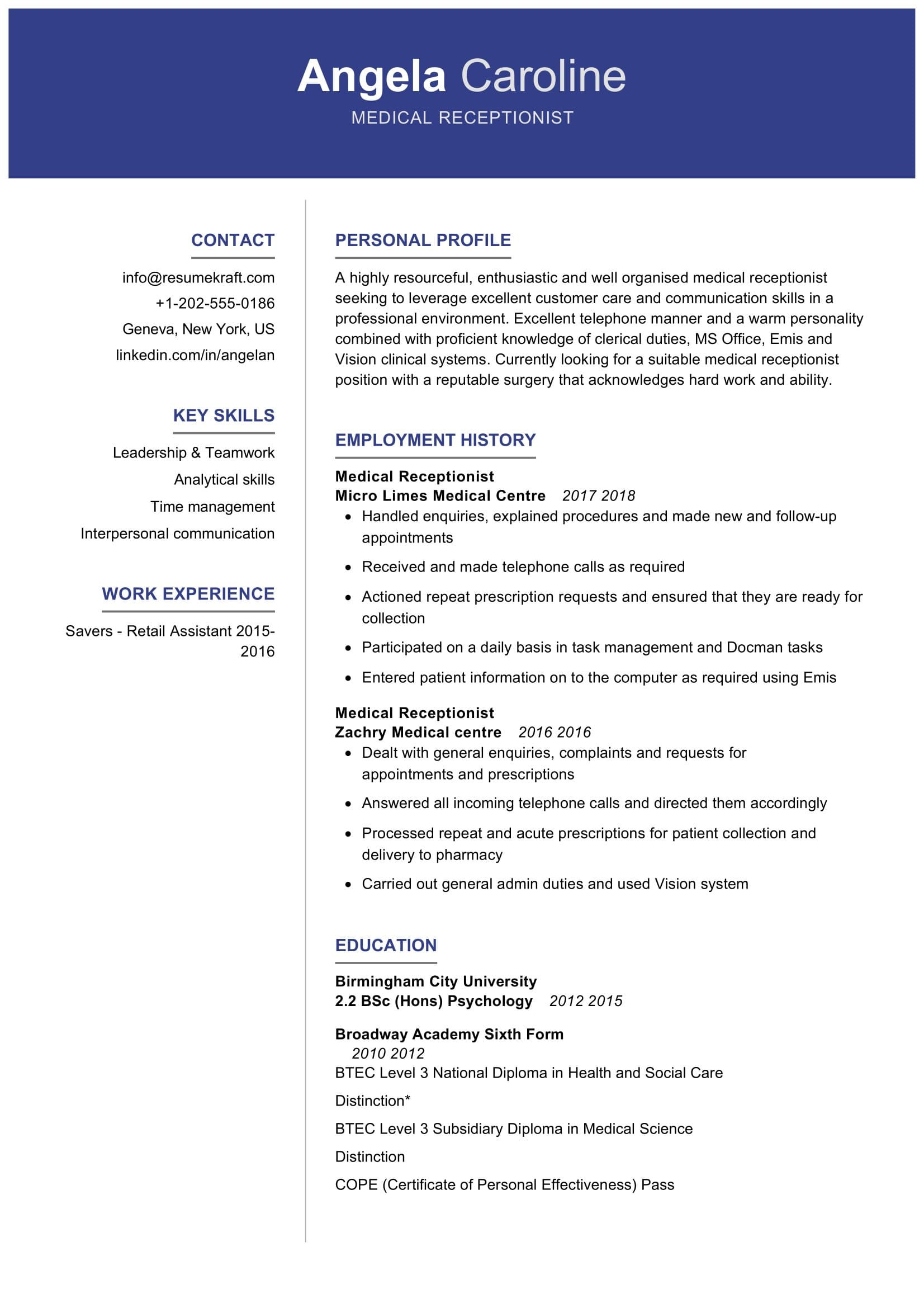 medical receptionist resume sample