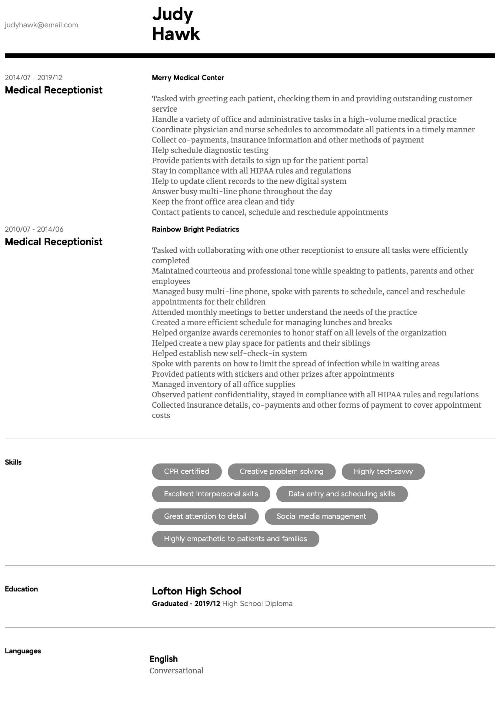 medical receptionist resume sample