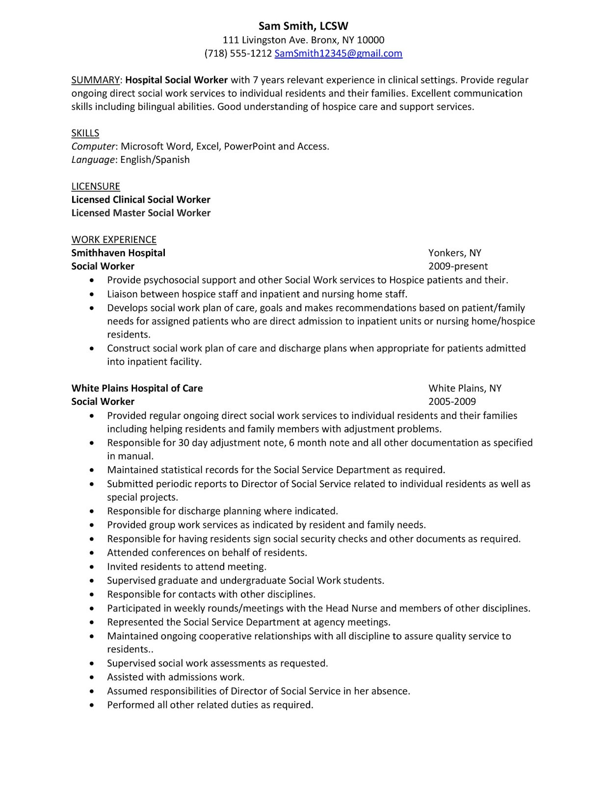 sample resume hospital social workerml