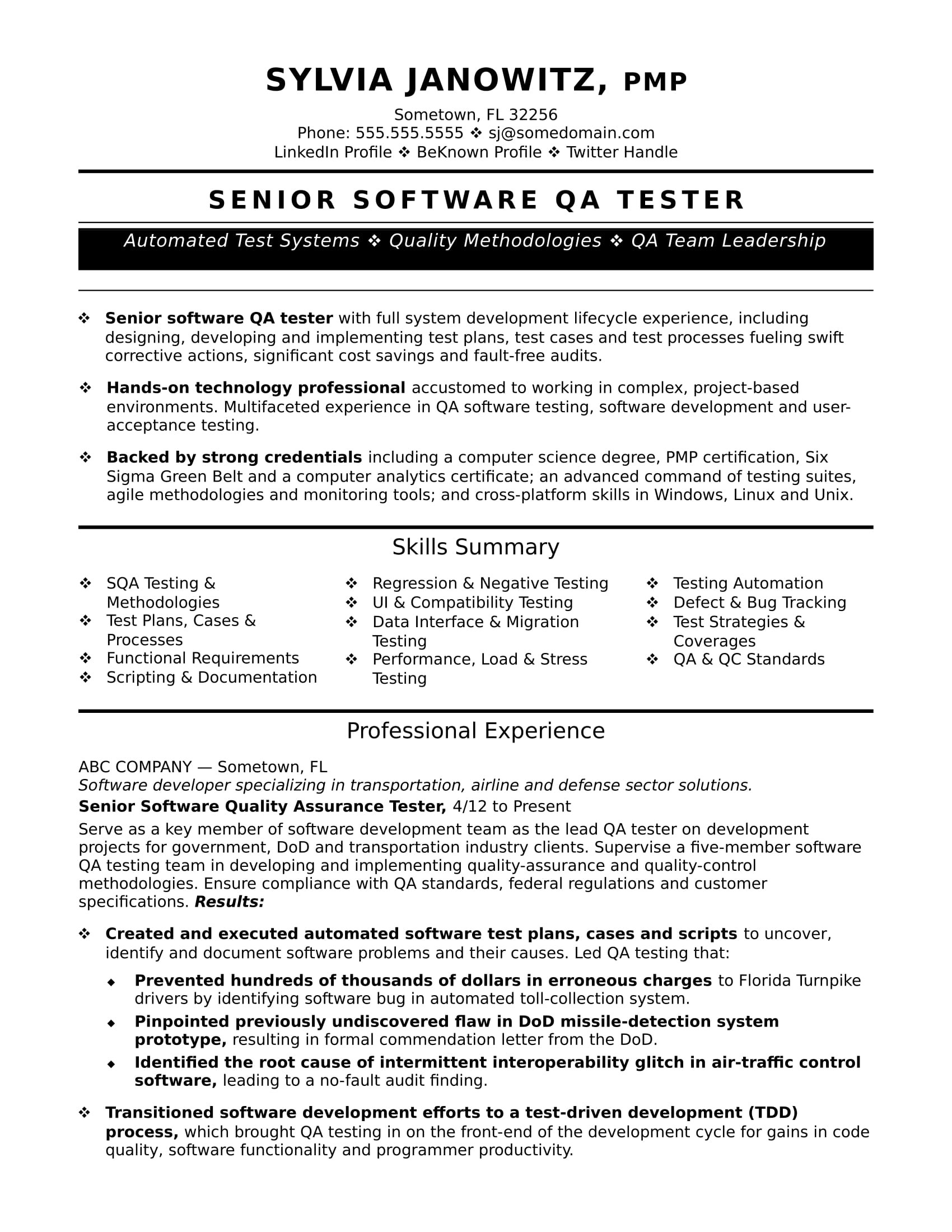sample resume qa software tester experienced