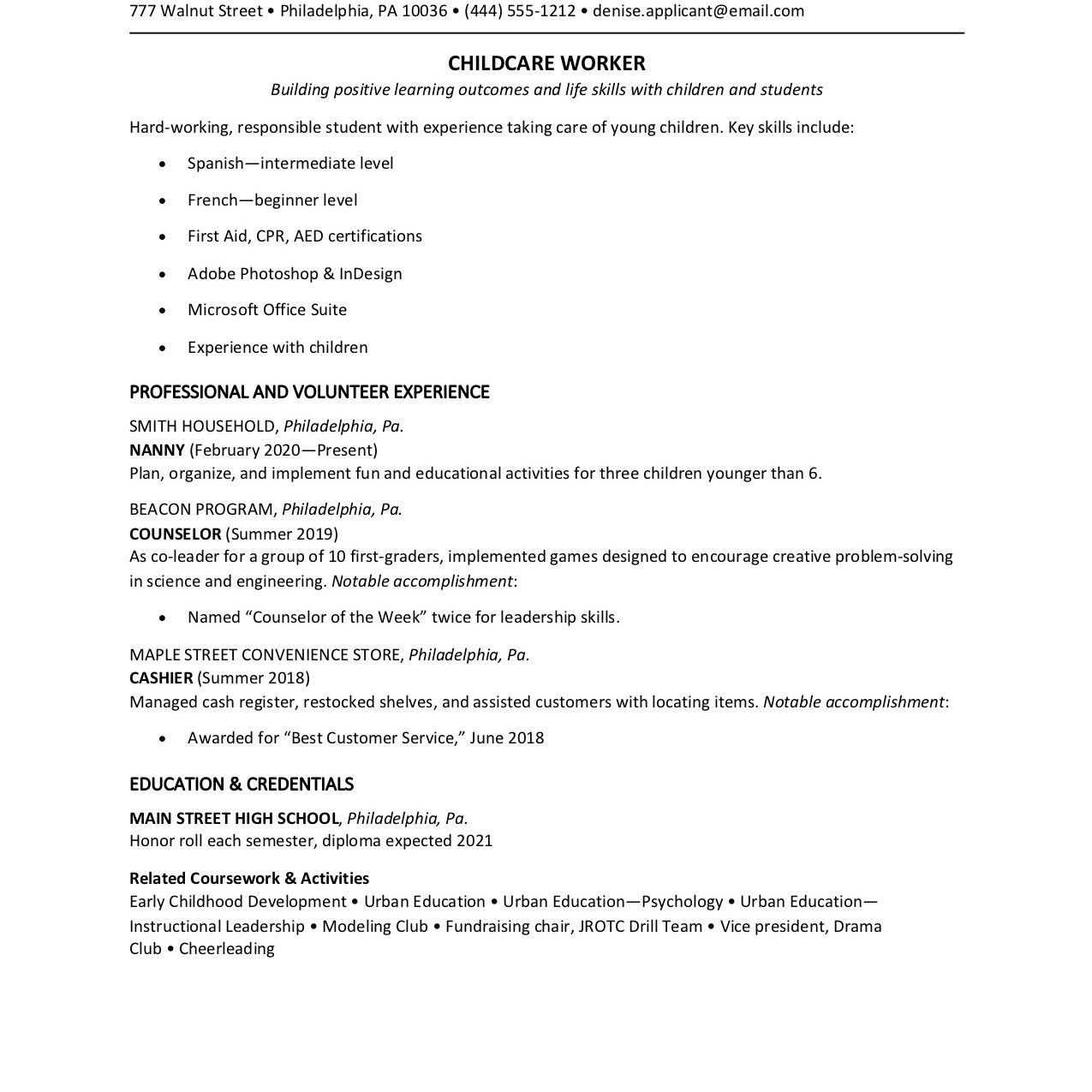 part time job resume example for a teen