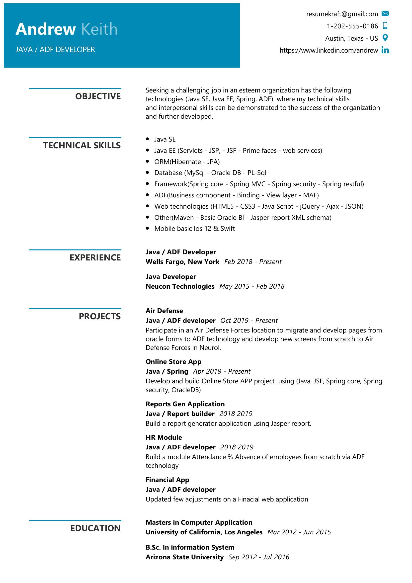 java developer resume sample