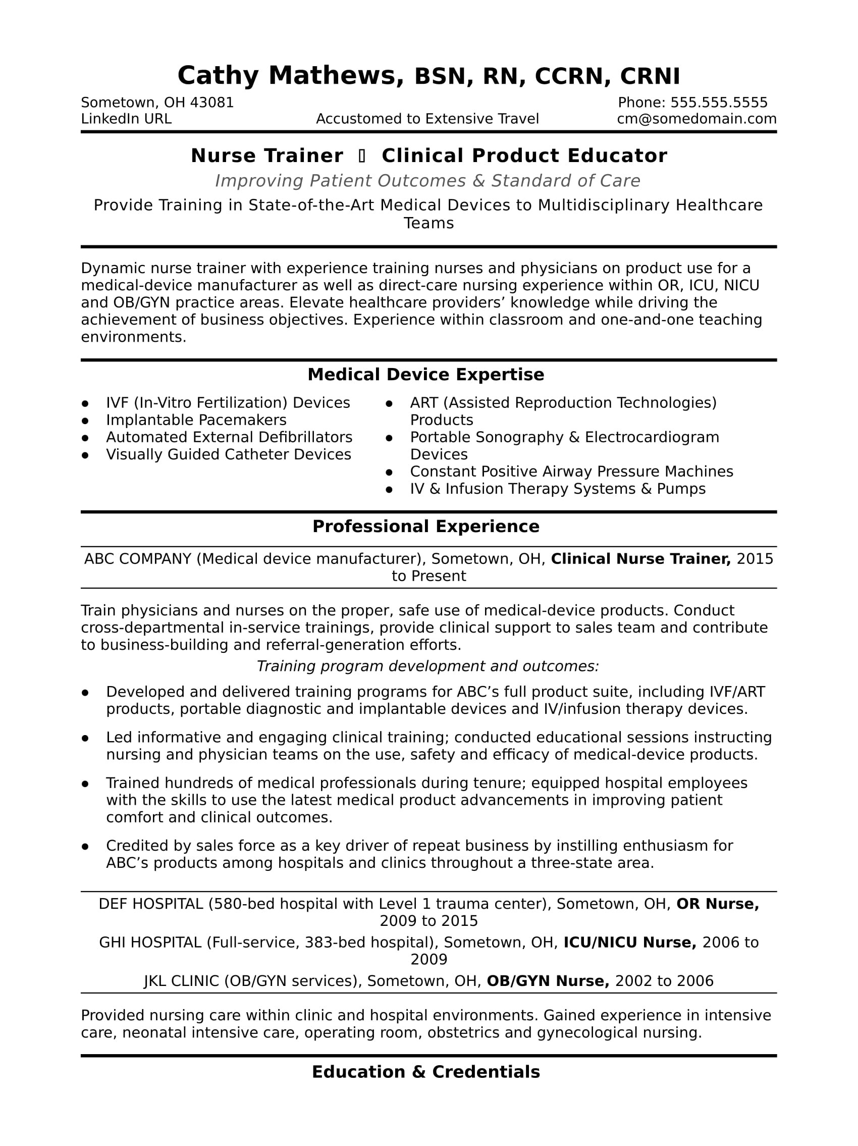 sample resume nurse trainer