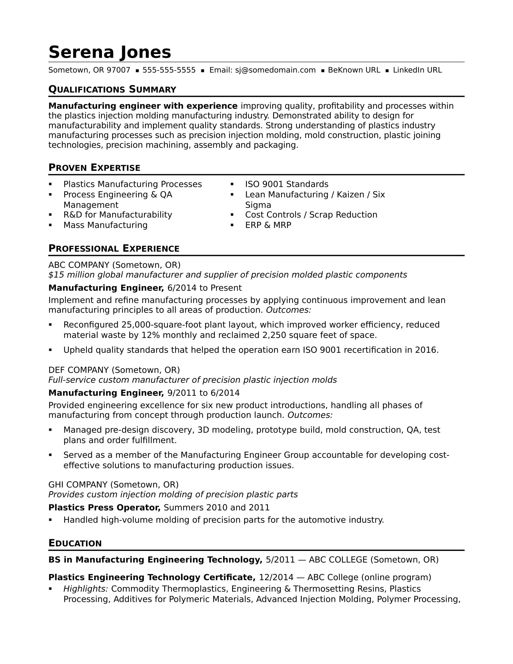 Sample Resume with Summary Of Qualifications format Sample Resume for A Midlevel Manufacturing Engineer Monster.com