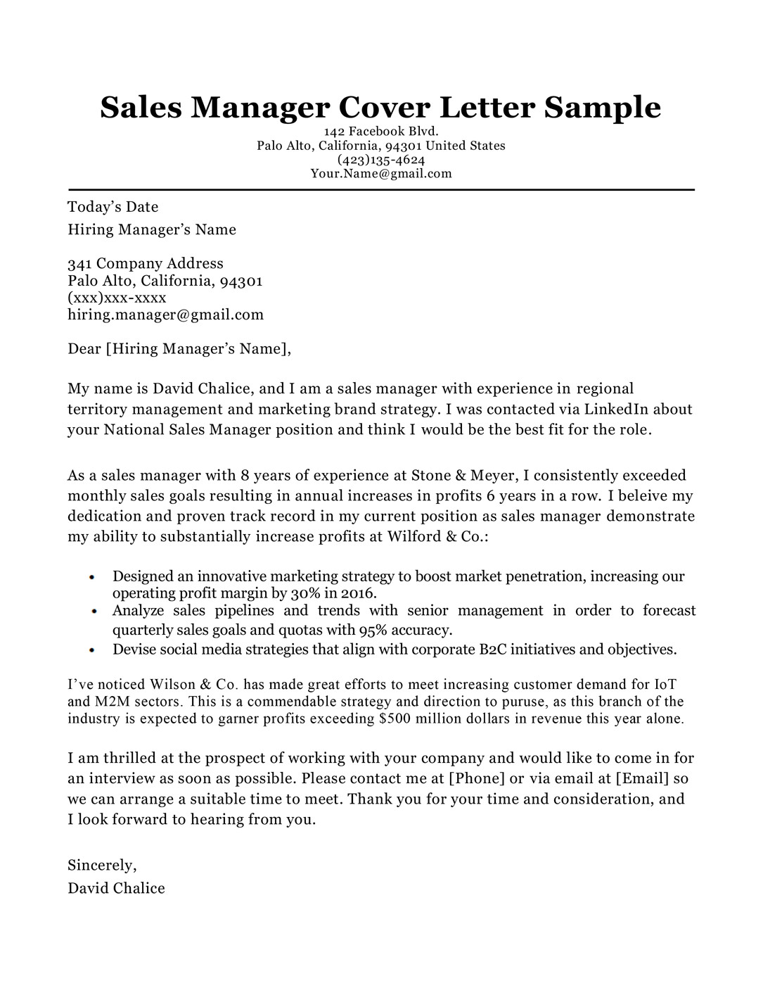 sales manager cover letter sample