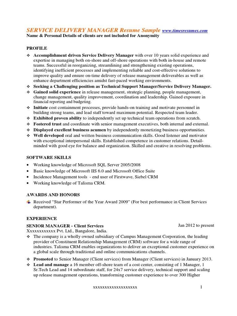 Service Delivery Manager Resume Sample