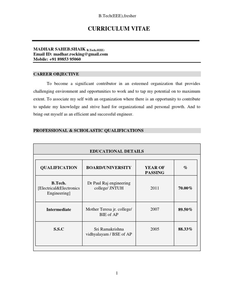 b tech EEE 2011 Fresher Resume