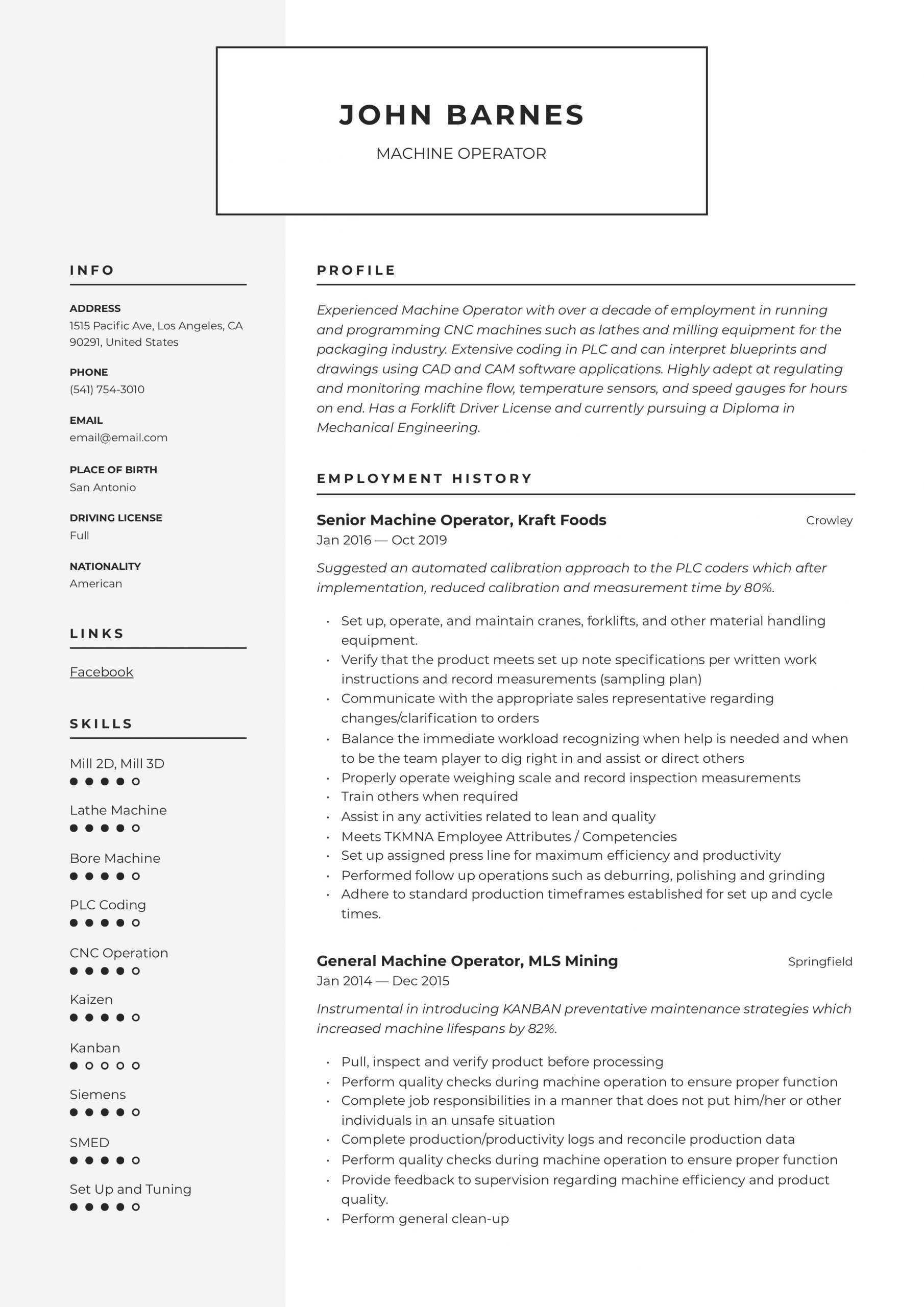 cnc machine operator resume formatm