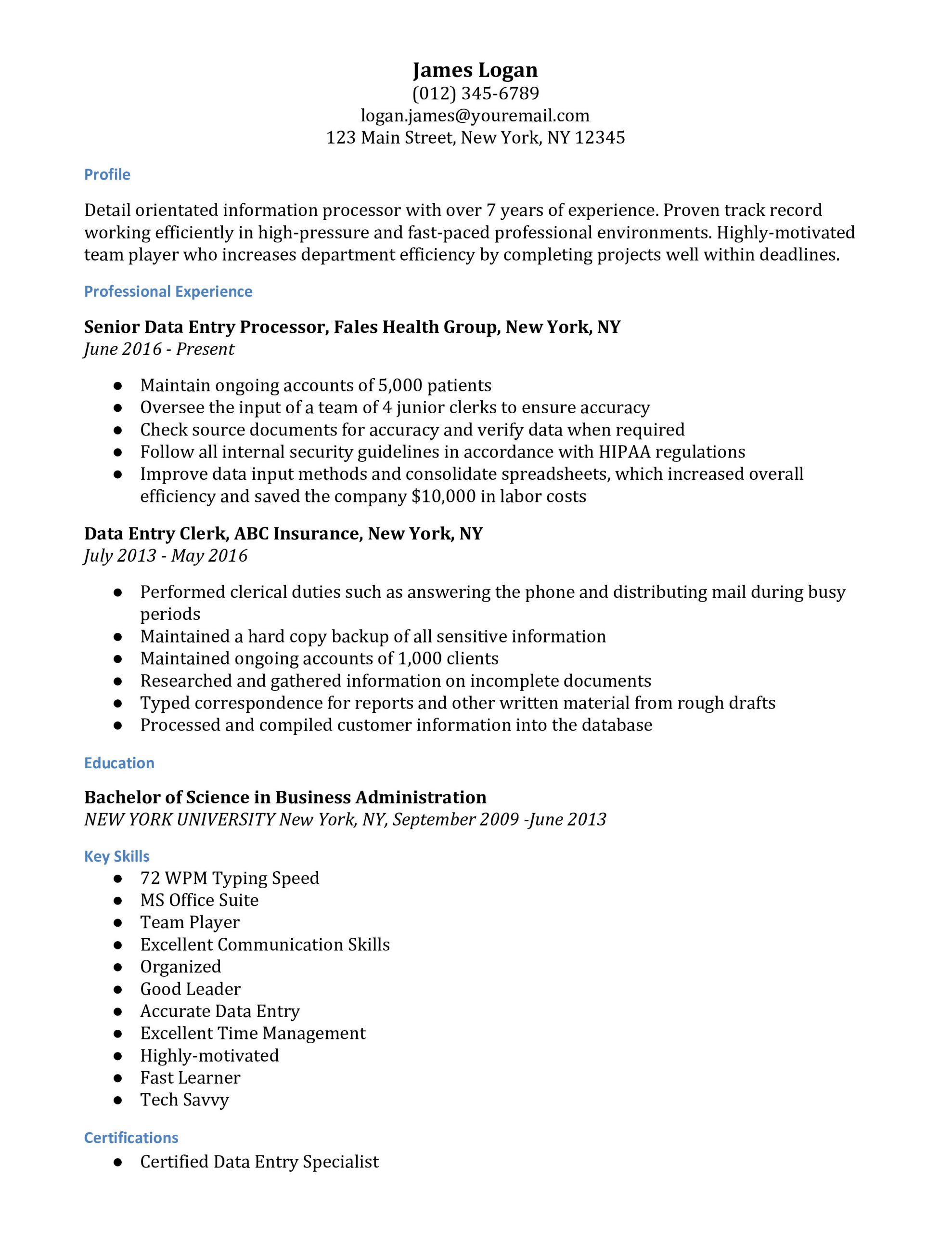 data entry resume examples