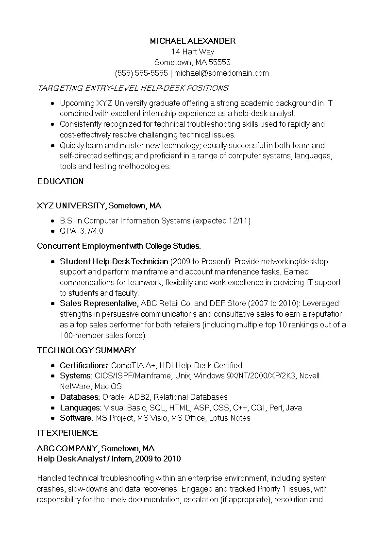 basic entry level it resume