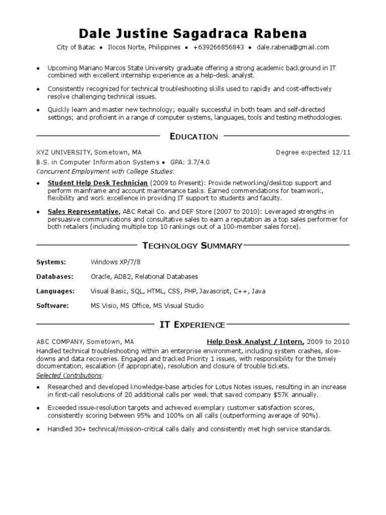 Sample Resume Entry Level IT Help Desk