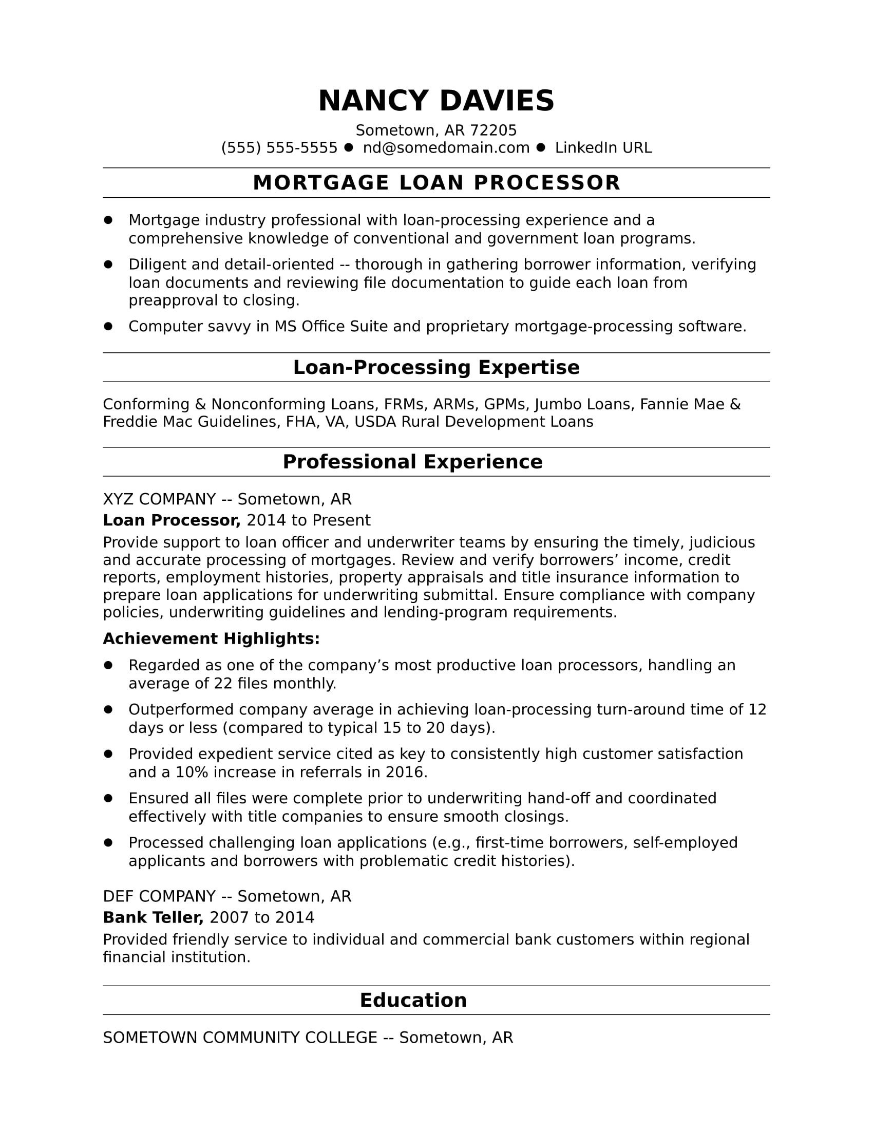 sample resume mortgage loan processor