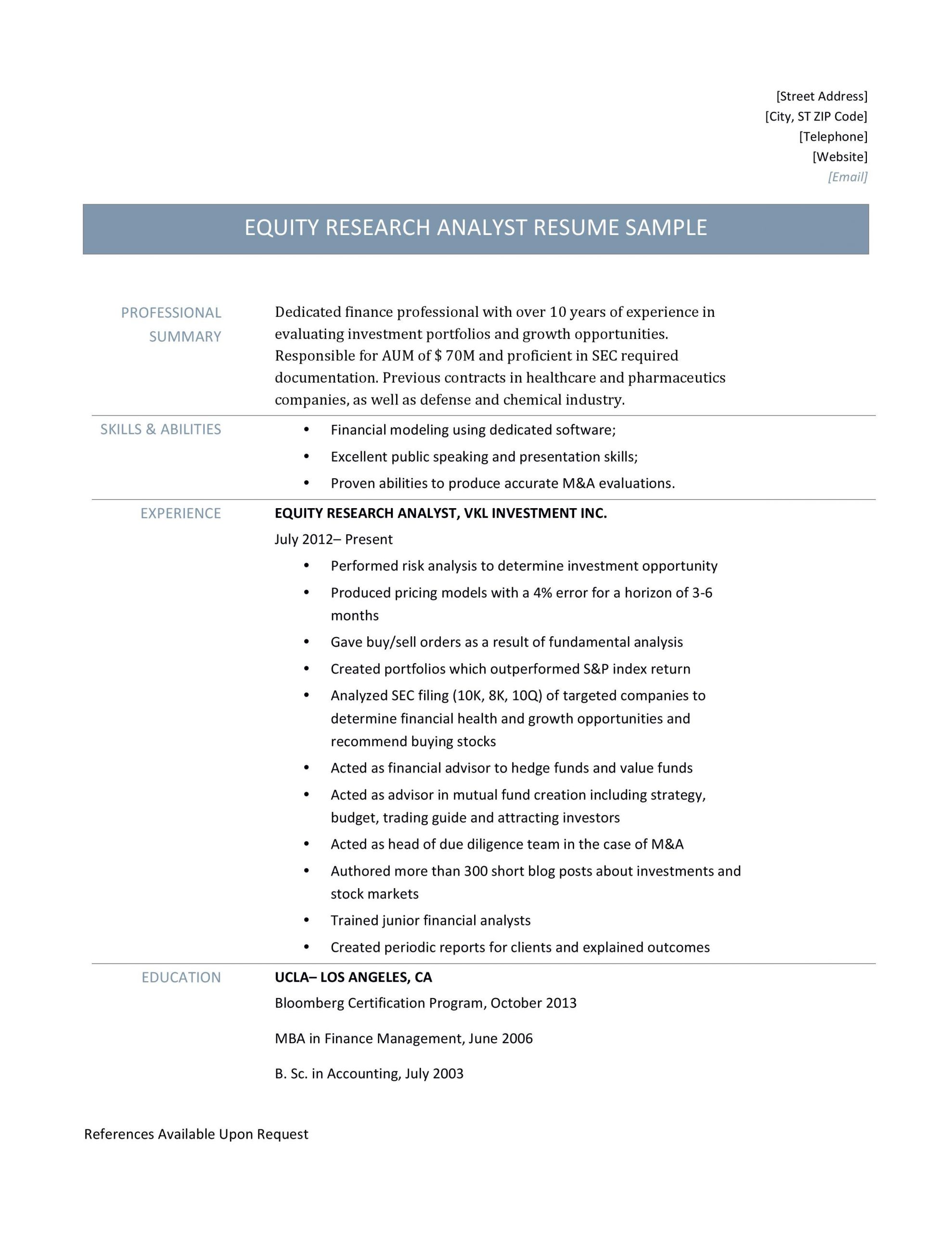 Equity Research Analyst Fresher Resume Sample Sample Resume for Research Analyst – Derel