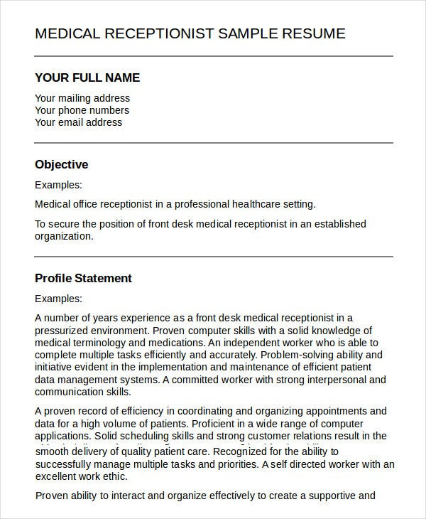 sample medical receptionist resume