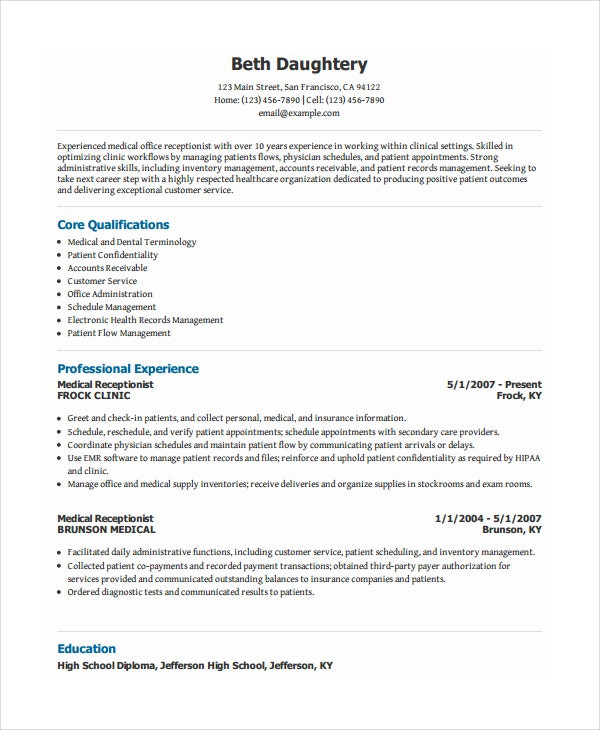 receptionist resume