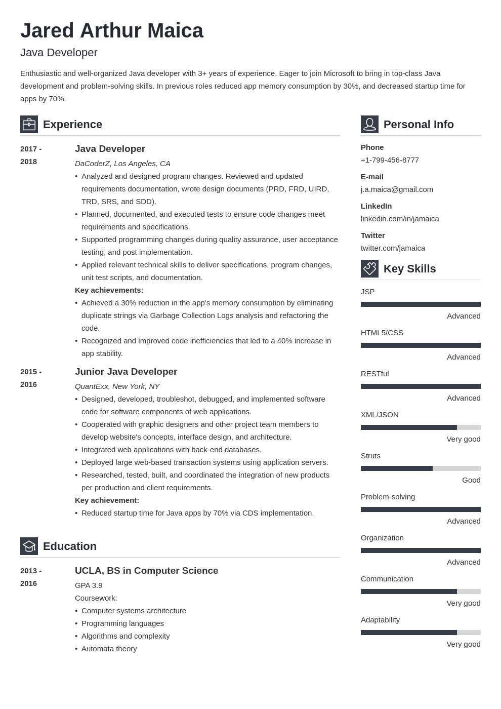 java developer resume example