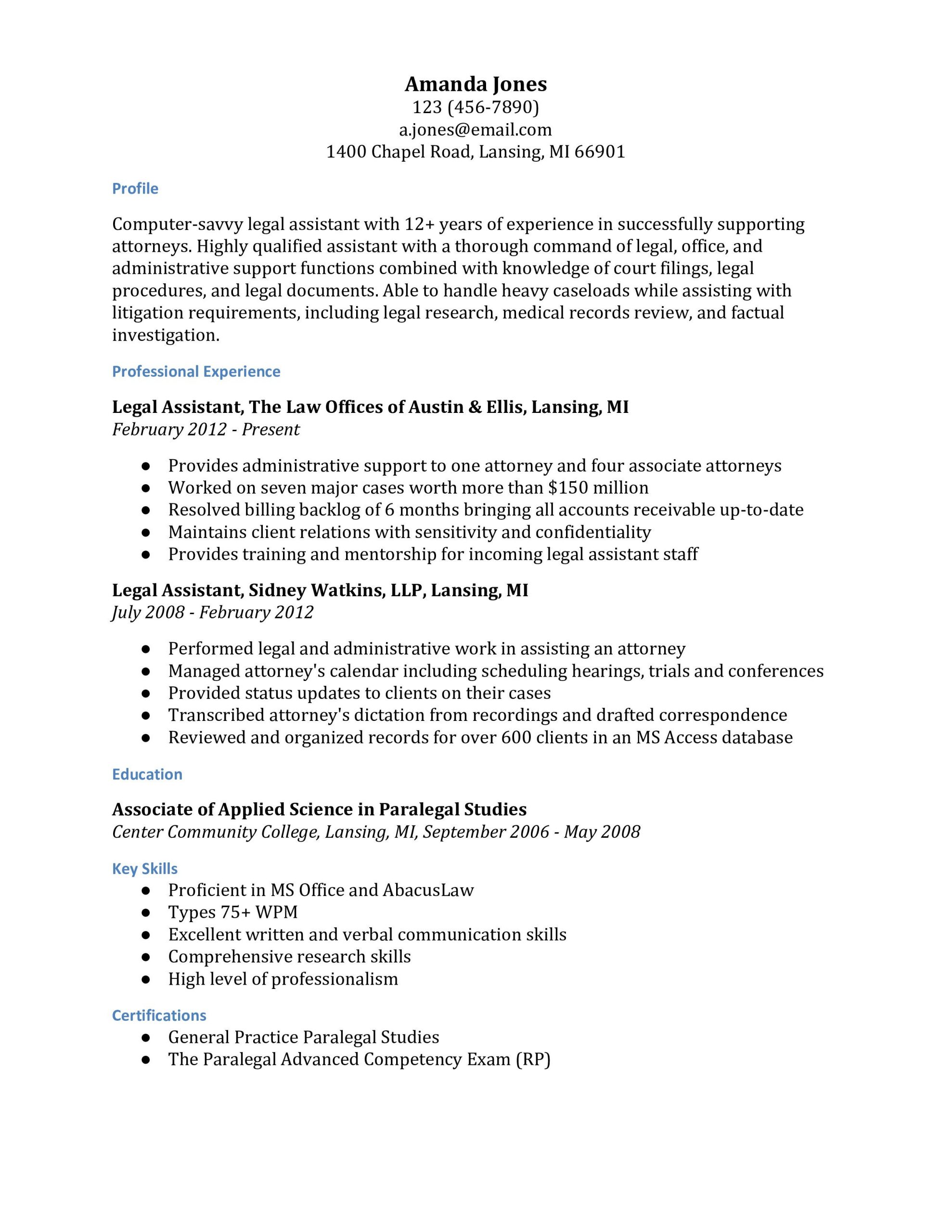 legal assistant resume examples