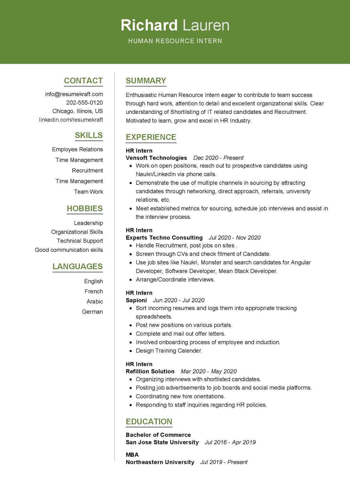 human resource intern resume sample
