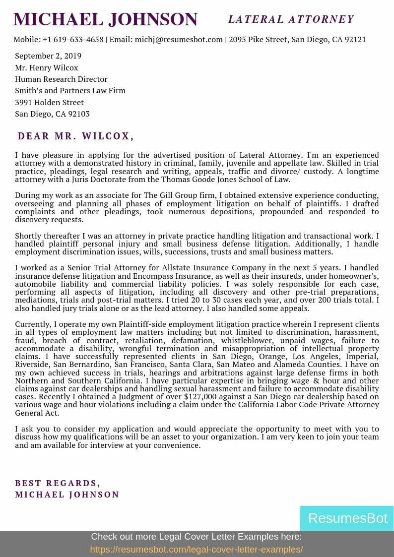 lateral attorney cover letter example