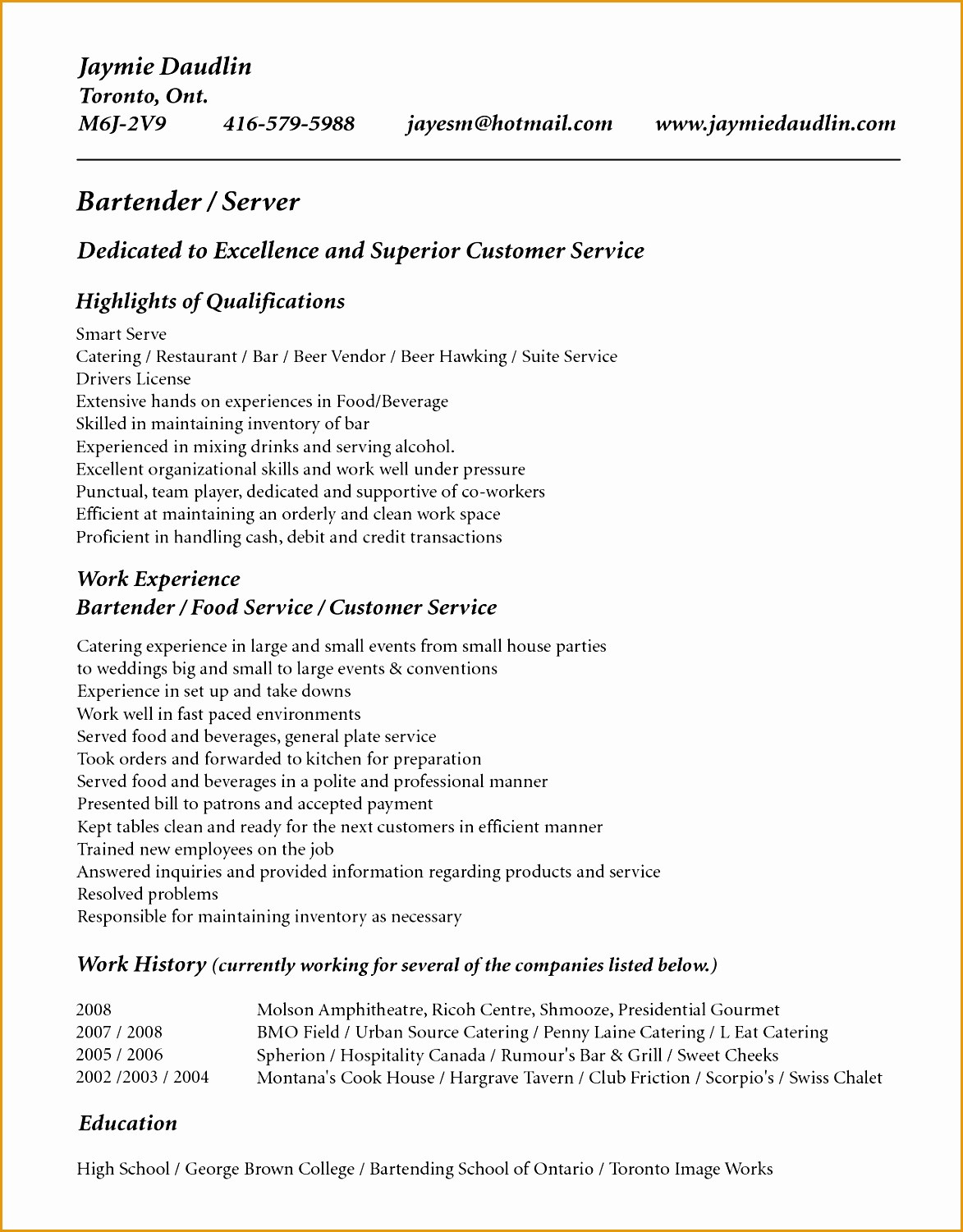 bartender resume no experience b