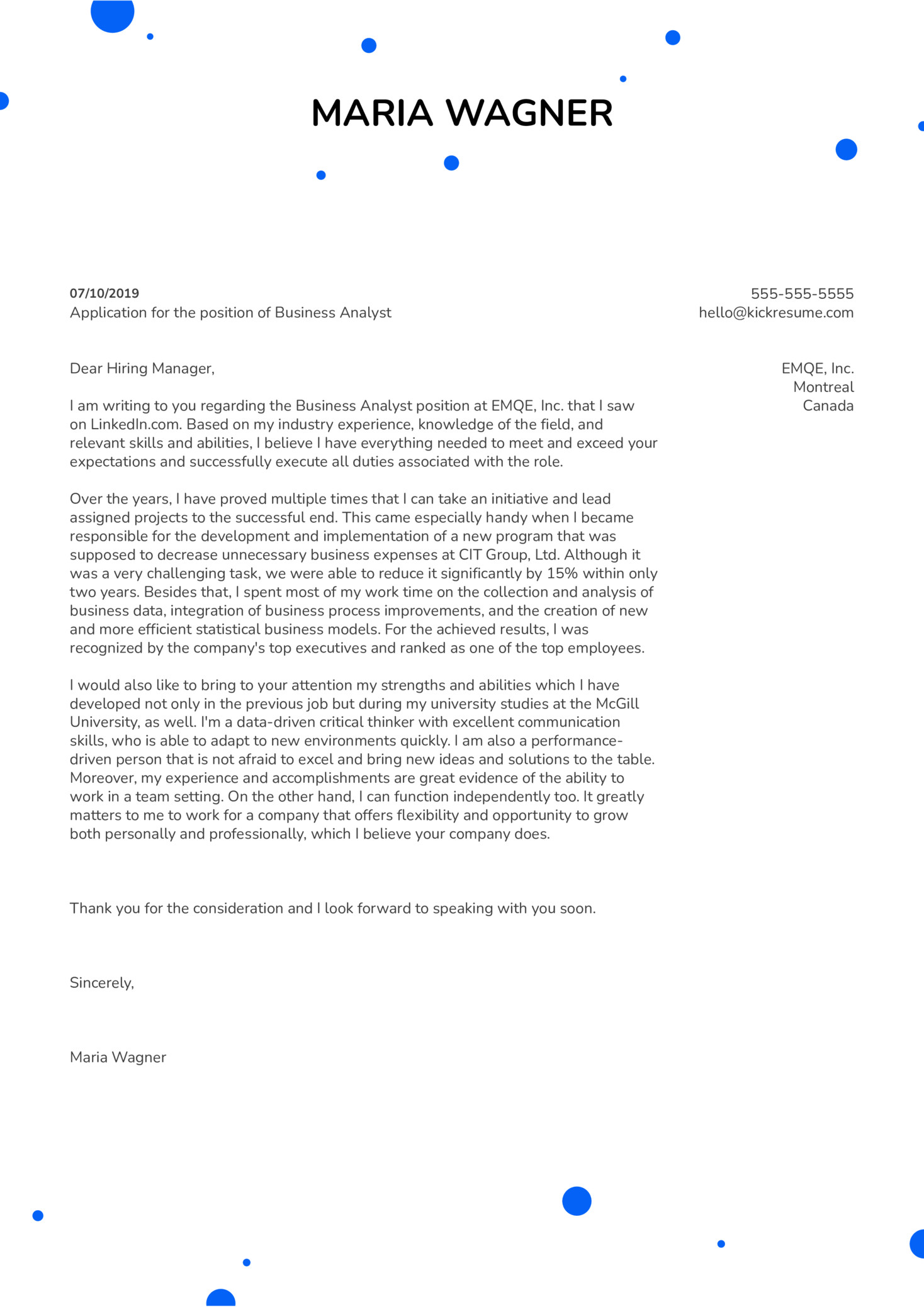 business analyst 3 cover letter sample