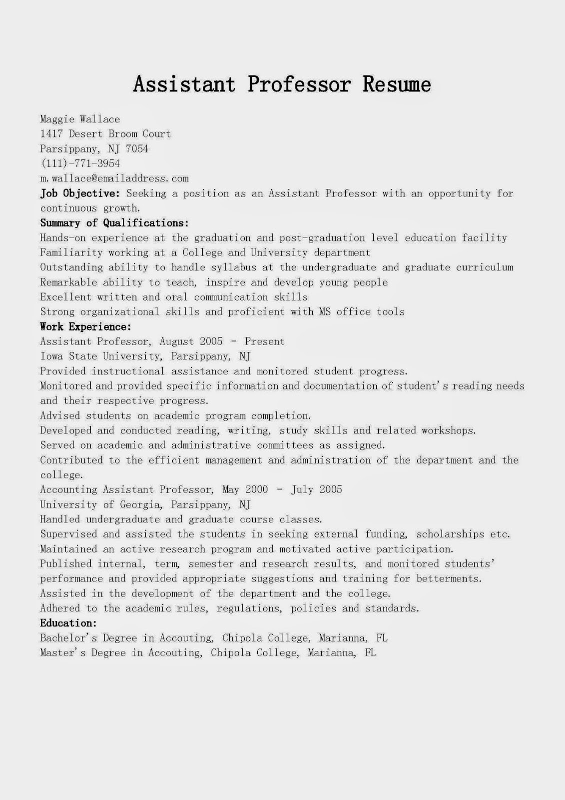 assistant professor resume sample