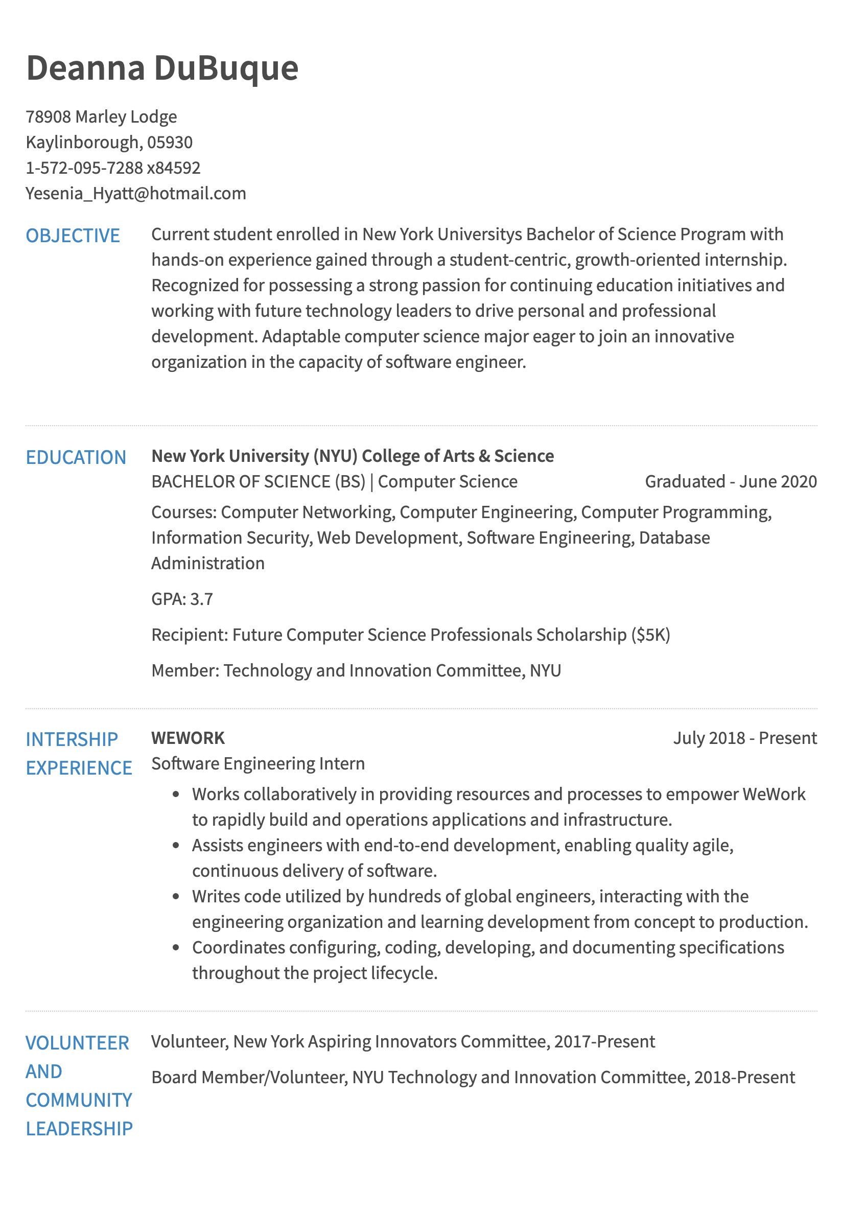 internship resume sample