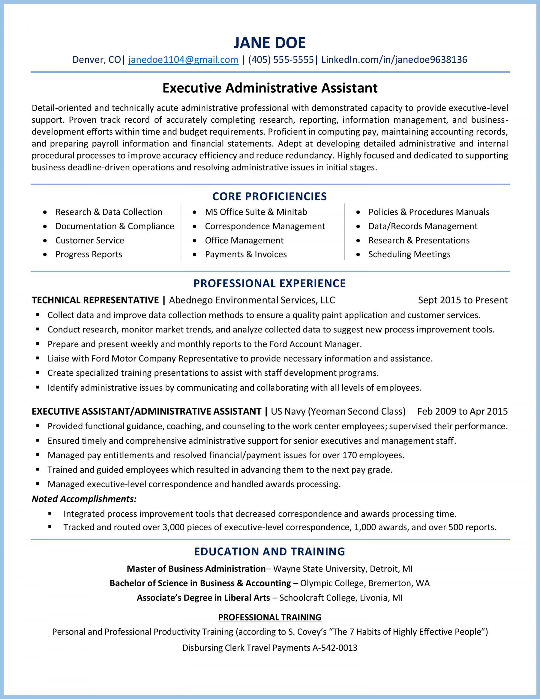 executive administrative assistant resume sample