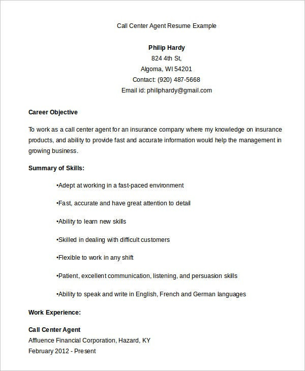 call center resume example