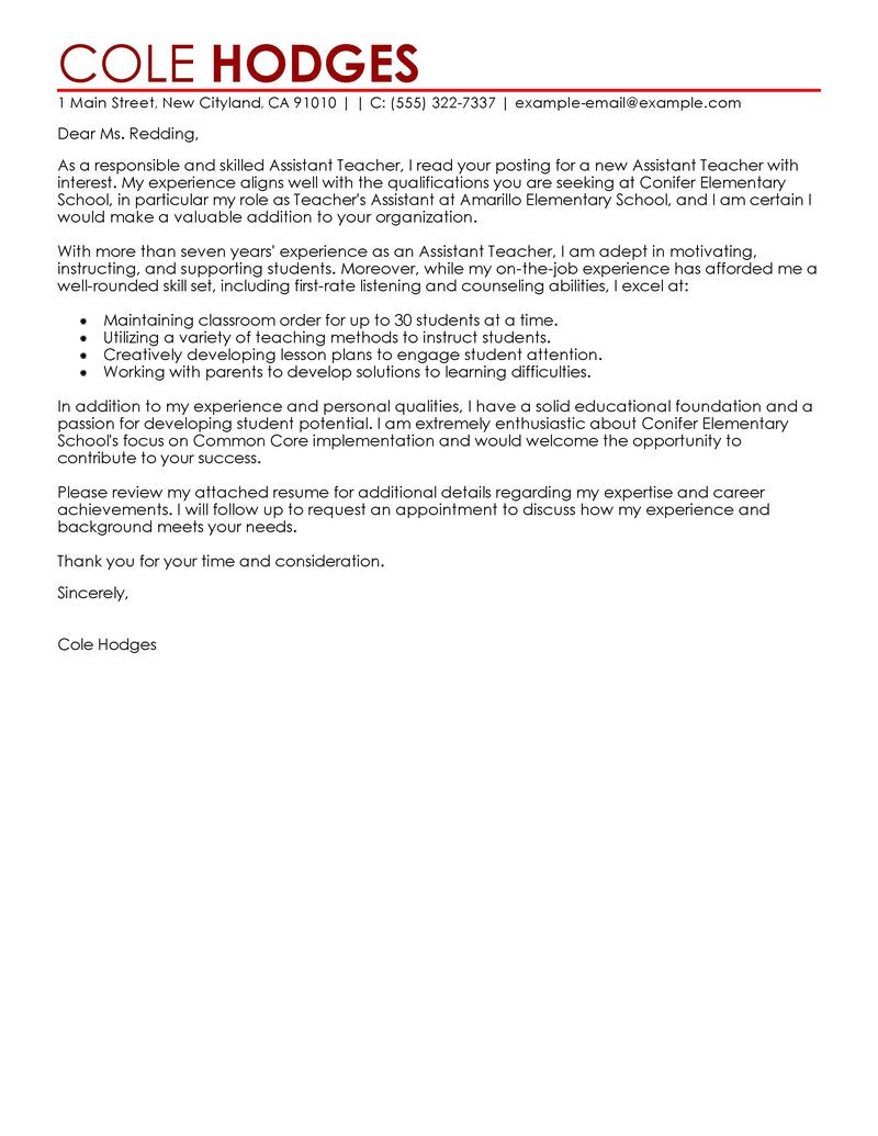 assistant teacher cover letter sample