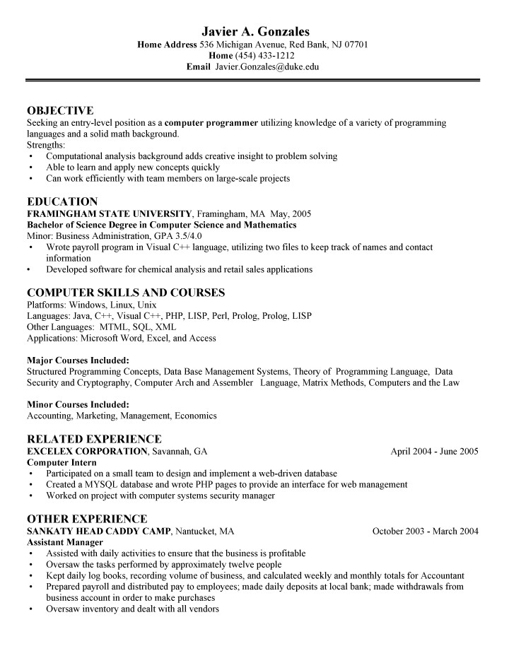 puter science entry level resume