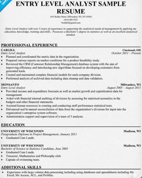 entry level data entry analyst resume sample