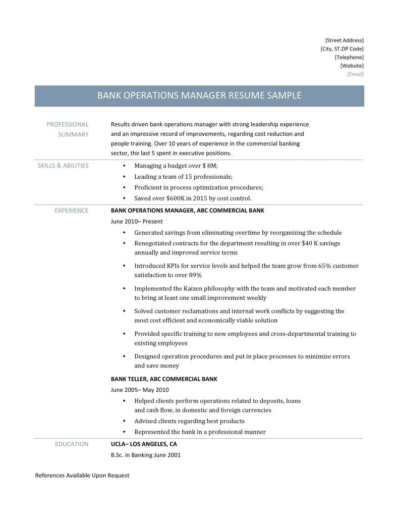 resume for banking operations