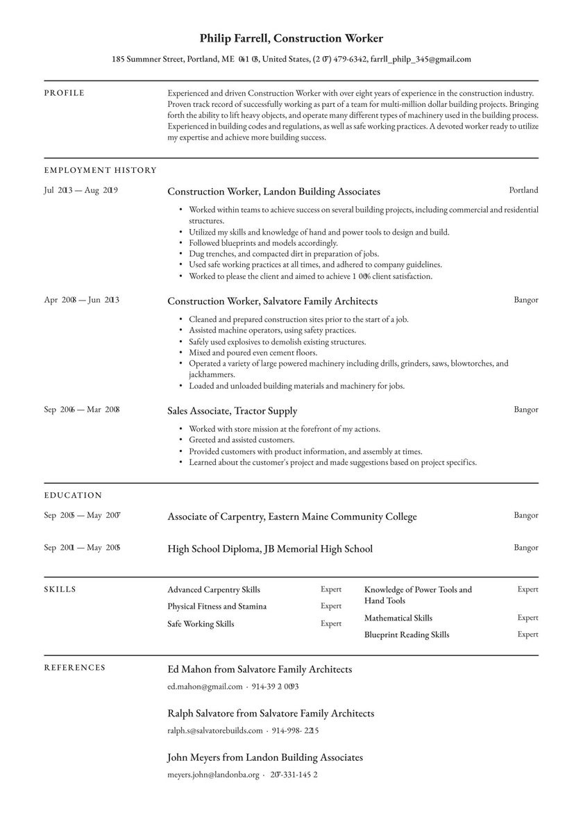 Sample Resume for Blue Collar Worker