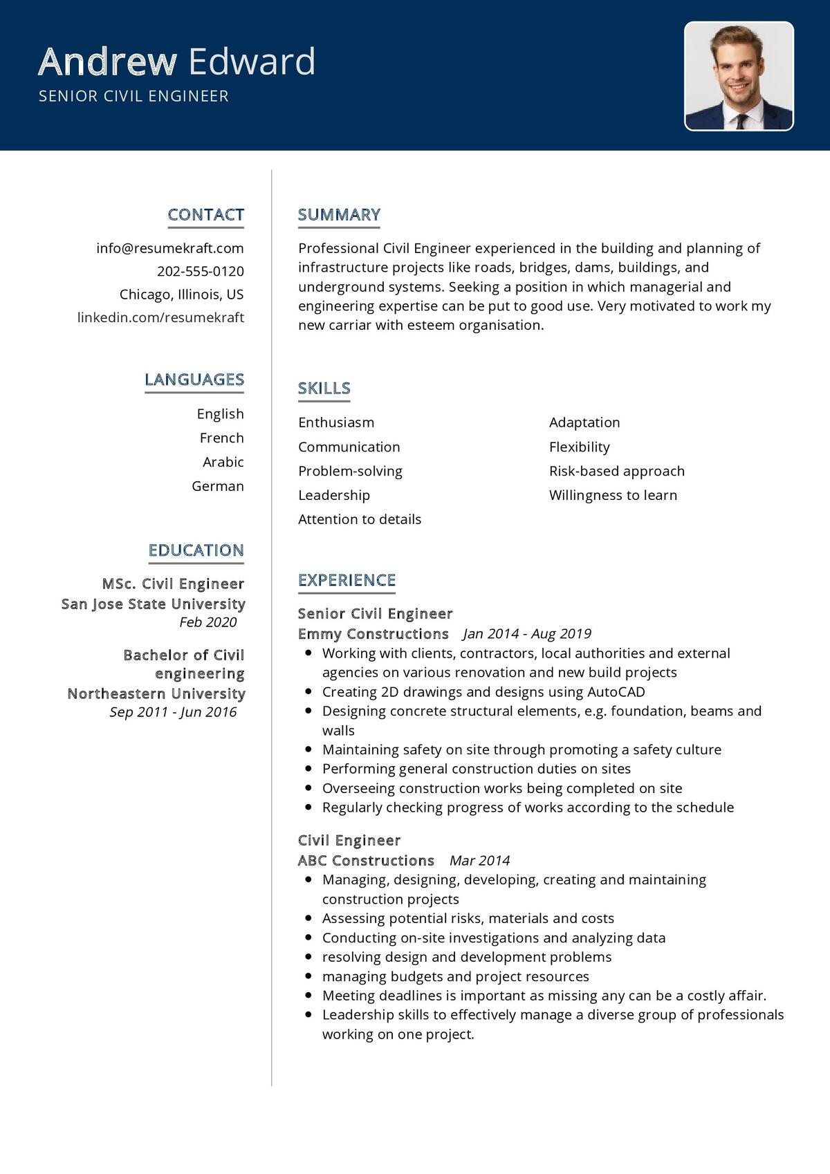 senior civil engineer resume sample