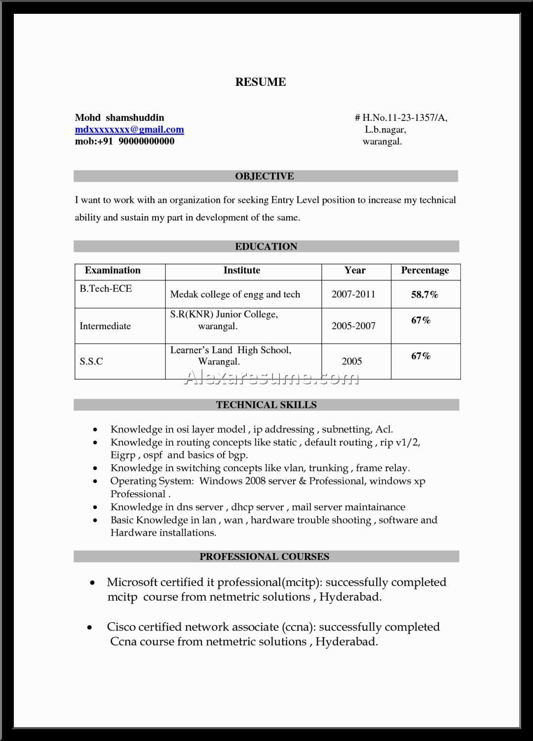 resume format for freshers engineers ece