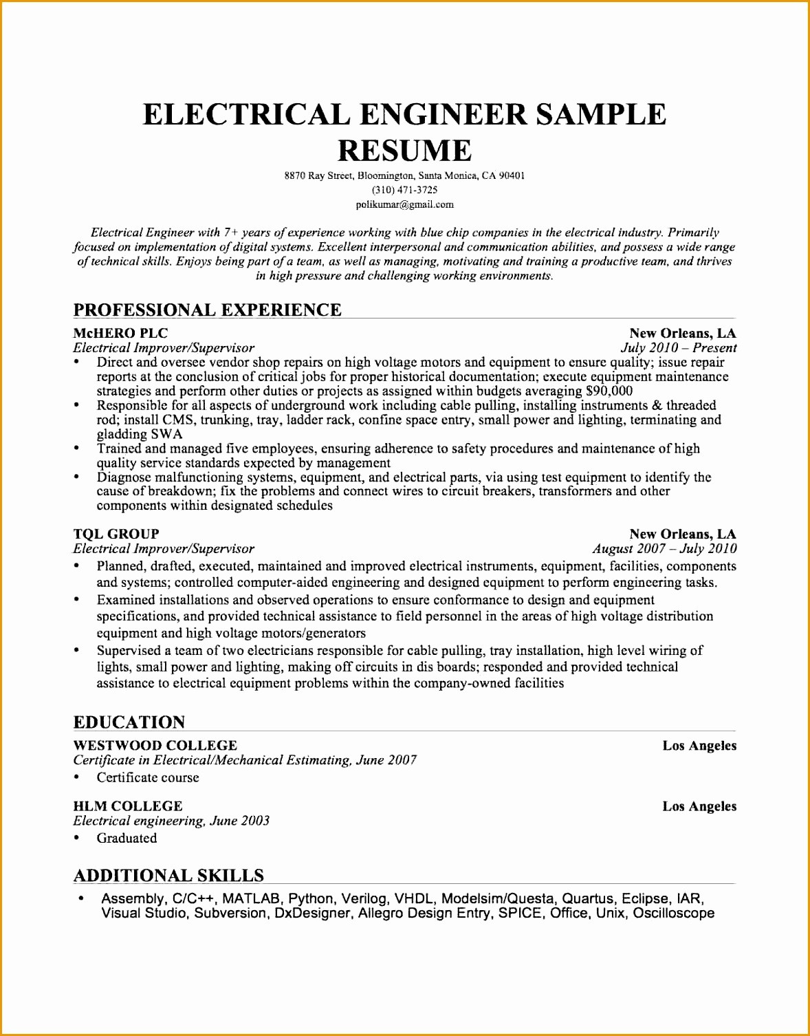 electrical engineering resume example d