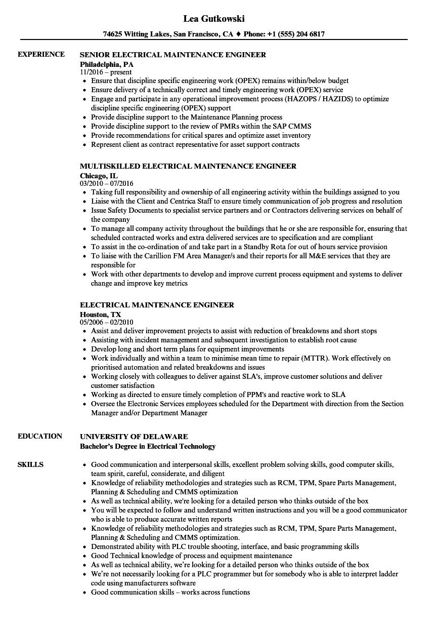 sample resume of electrician maintenance