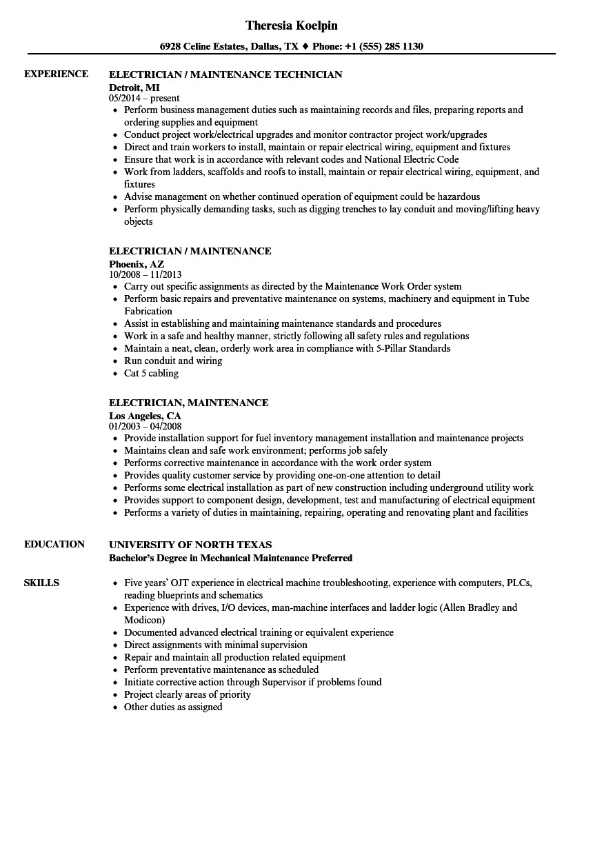 sample resume of electrician maintenance