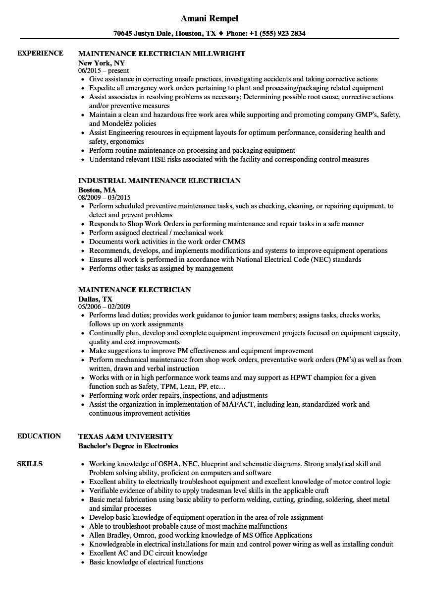 sample resume of electrician maintenance