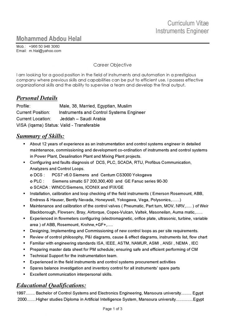 experience electronics engineer resume