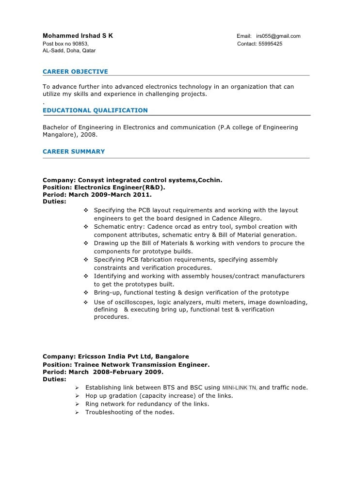 resume electronics engineer 3years experience