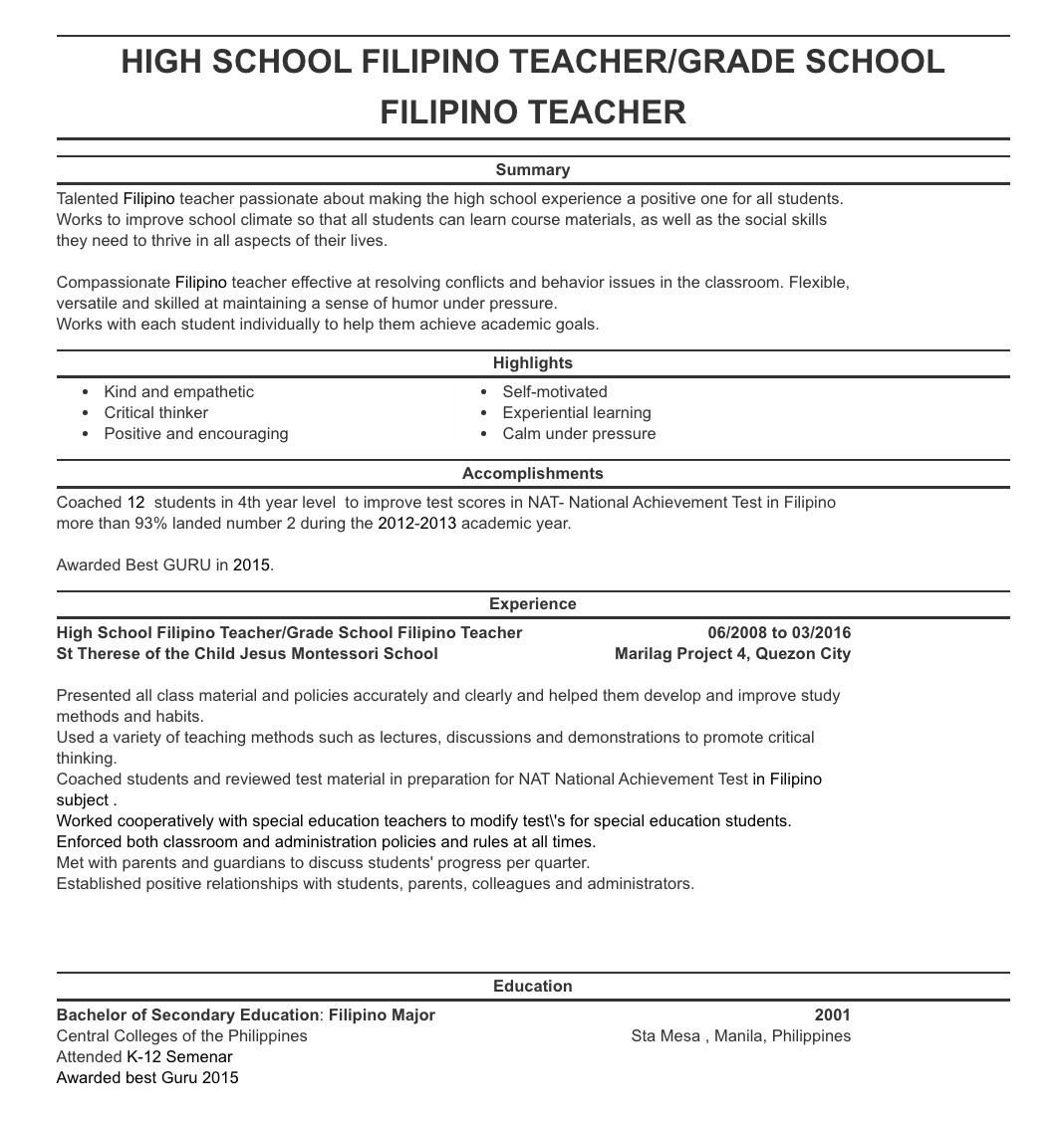 resume sample for teachers in the philippines