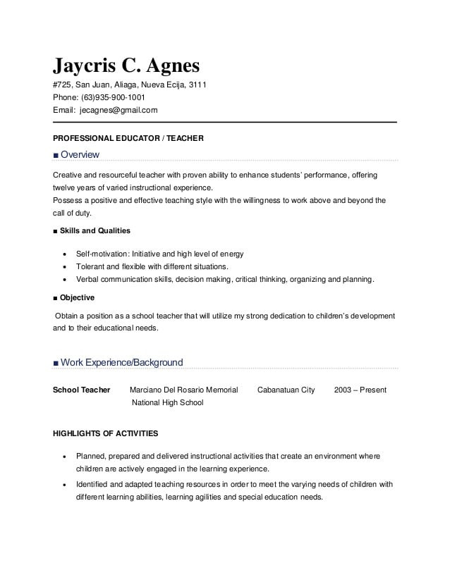 teacher applicant sample resume for