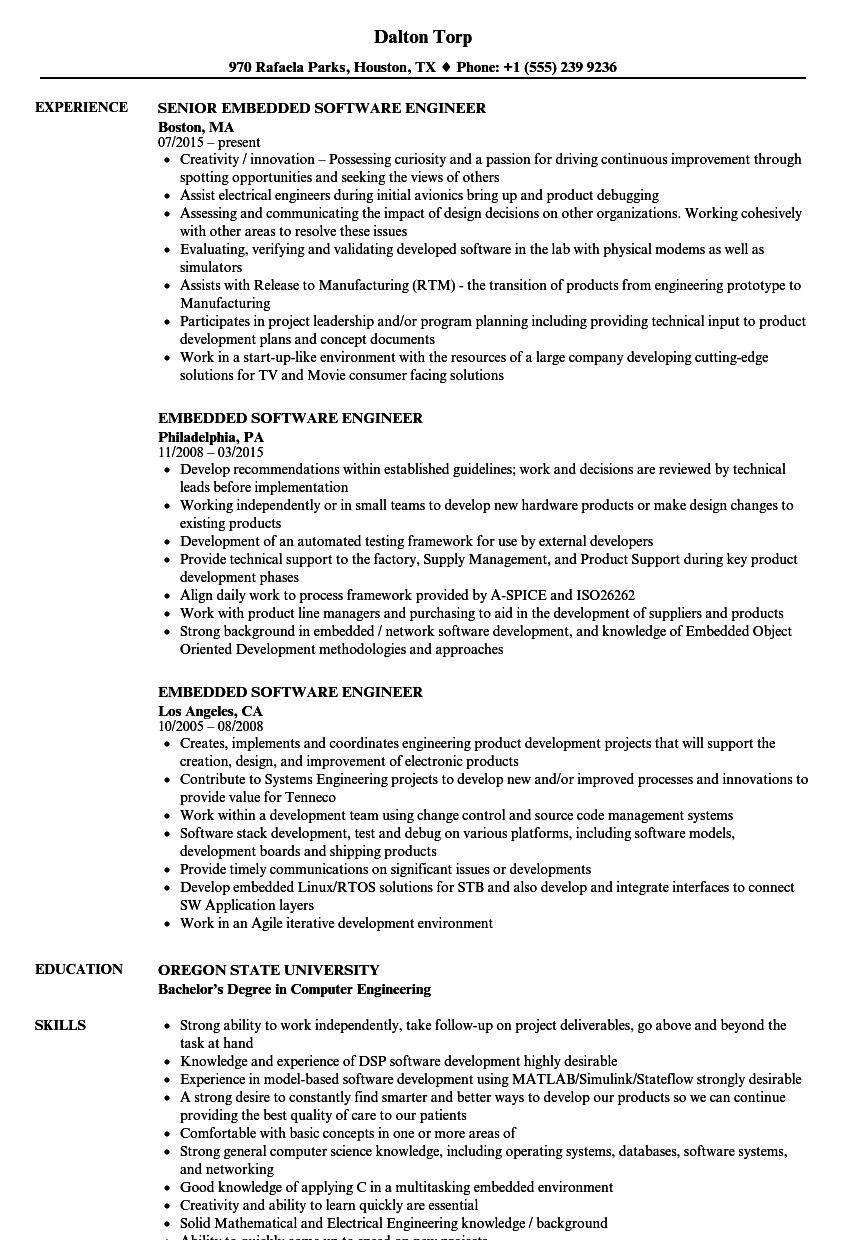 embedded software engineer resume sample