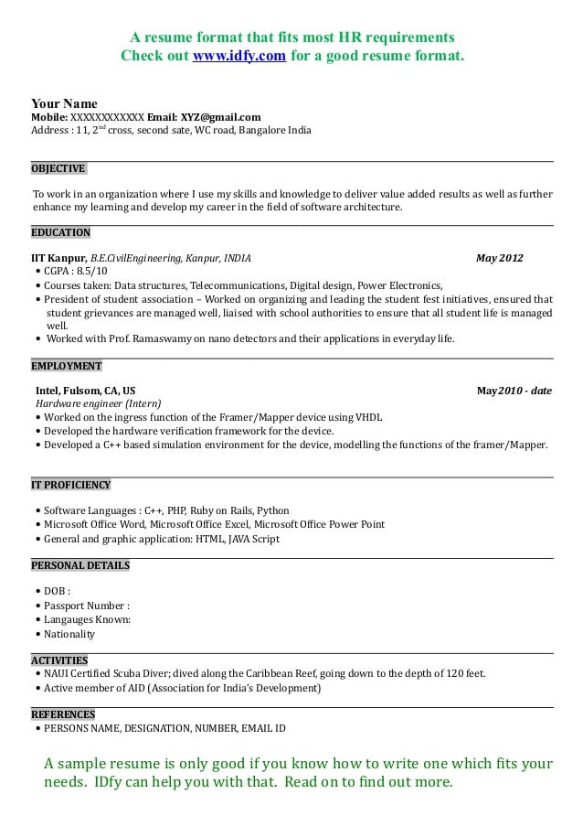 sample resume format for freshers