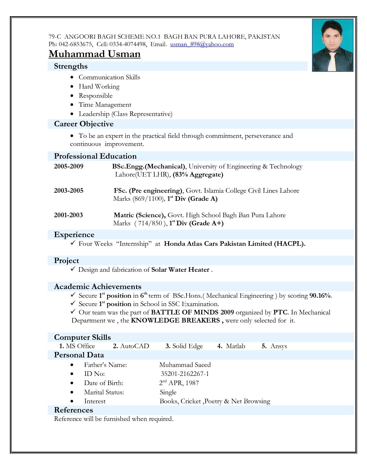 Sample Resume for Fresher Mechanical Engineering Student Cv format for Engineers Resume format Download, Best Resume …