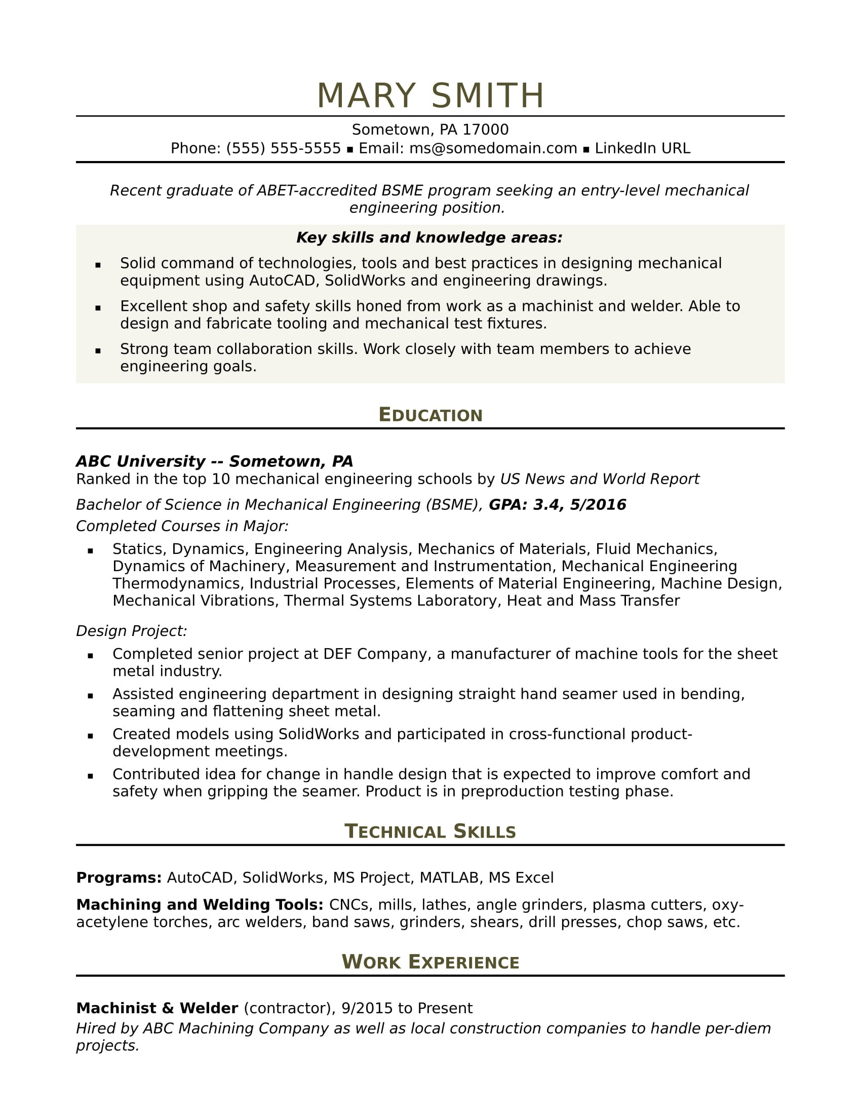 sample resume mechanical engineer entry level