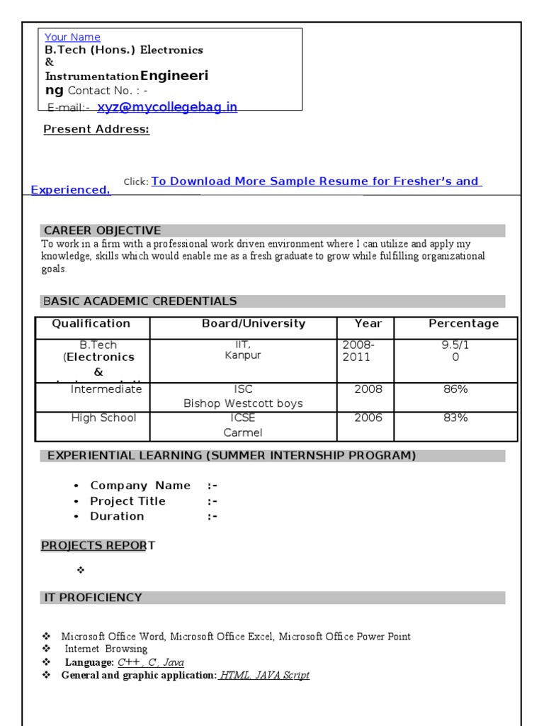 Resume Format for freshers