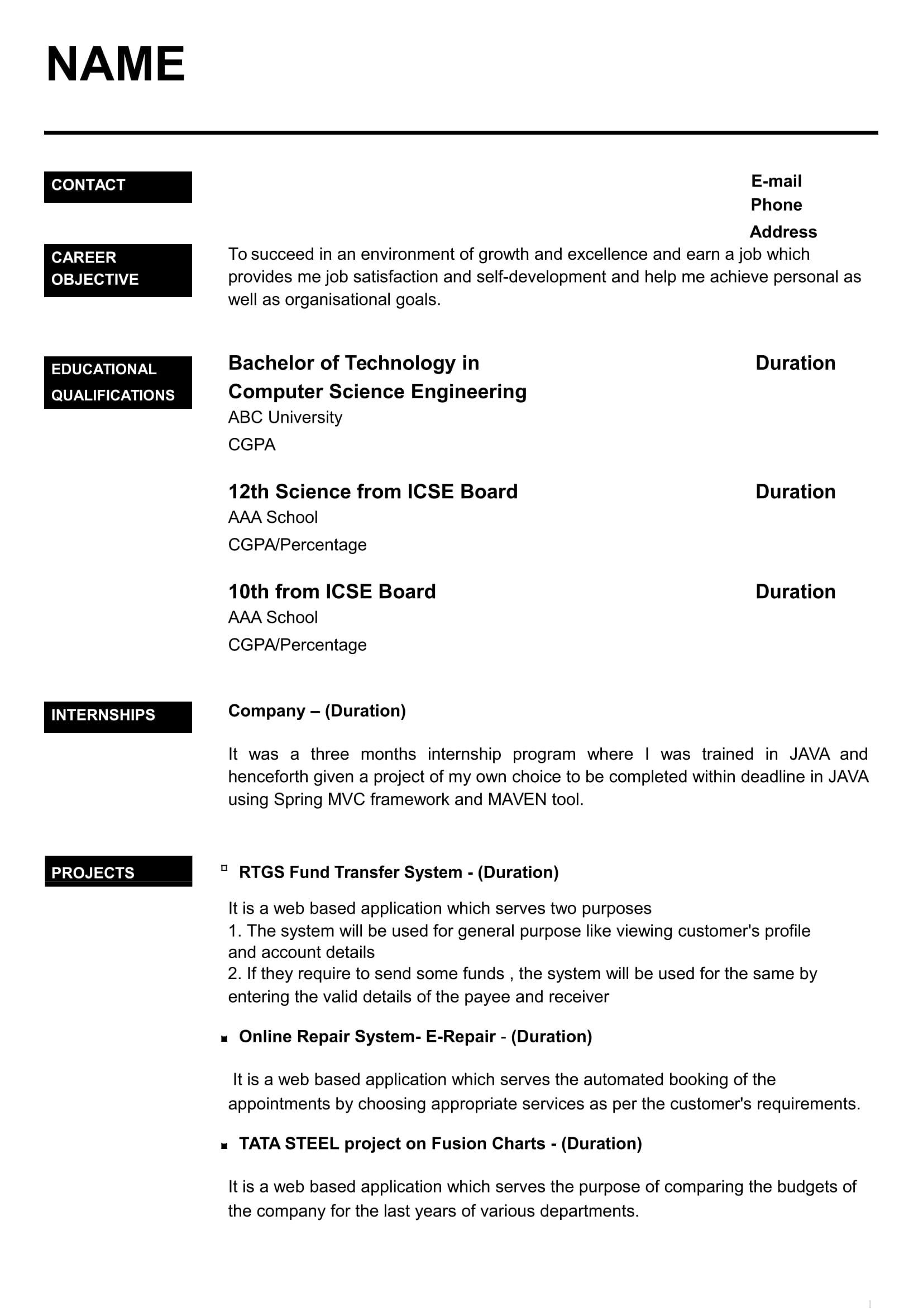 Sample Resume for Freshers Engineers Computer Science Cv for Freshers In Word – ‘google à¤¸à¤°à¥à¤’ Best Resume format …